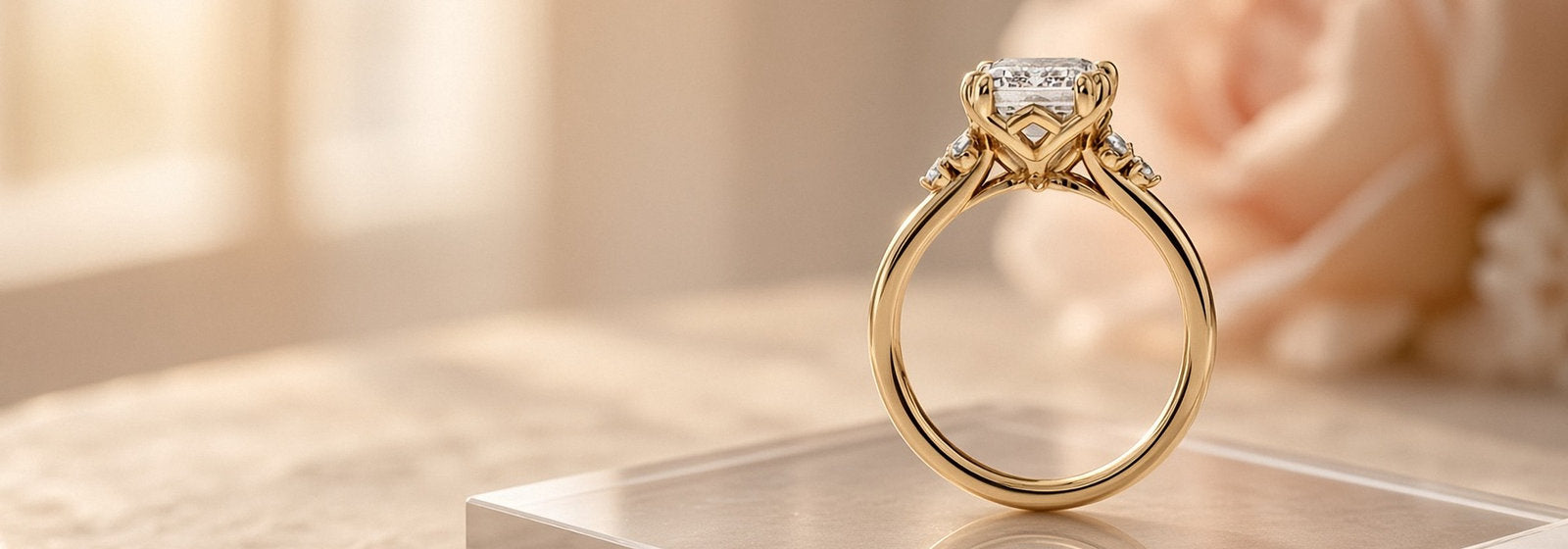 Jasper emerald-cut lab-grown diamond engagement ring in yellow gold on an acrylic block
