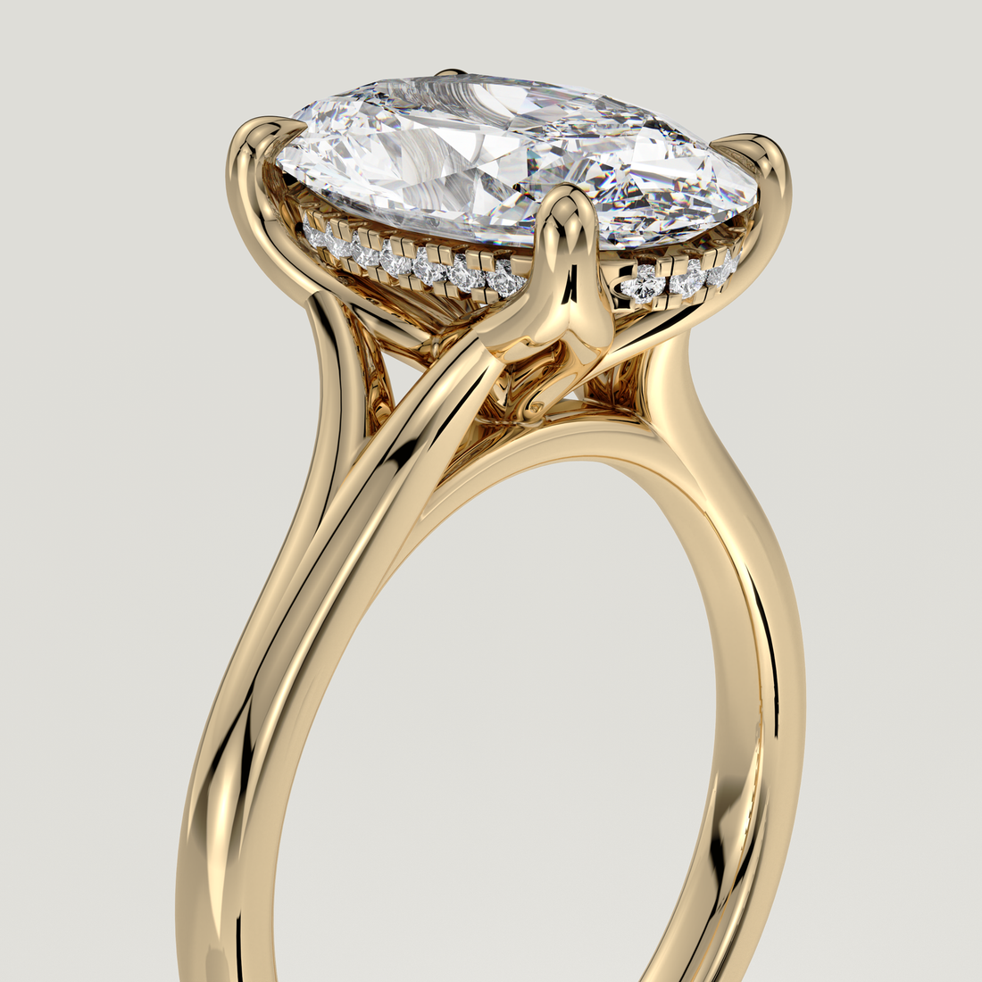Hope oval lab-grown diamond engagement ring with hidden halo in yellow gold