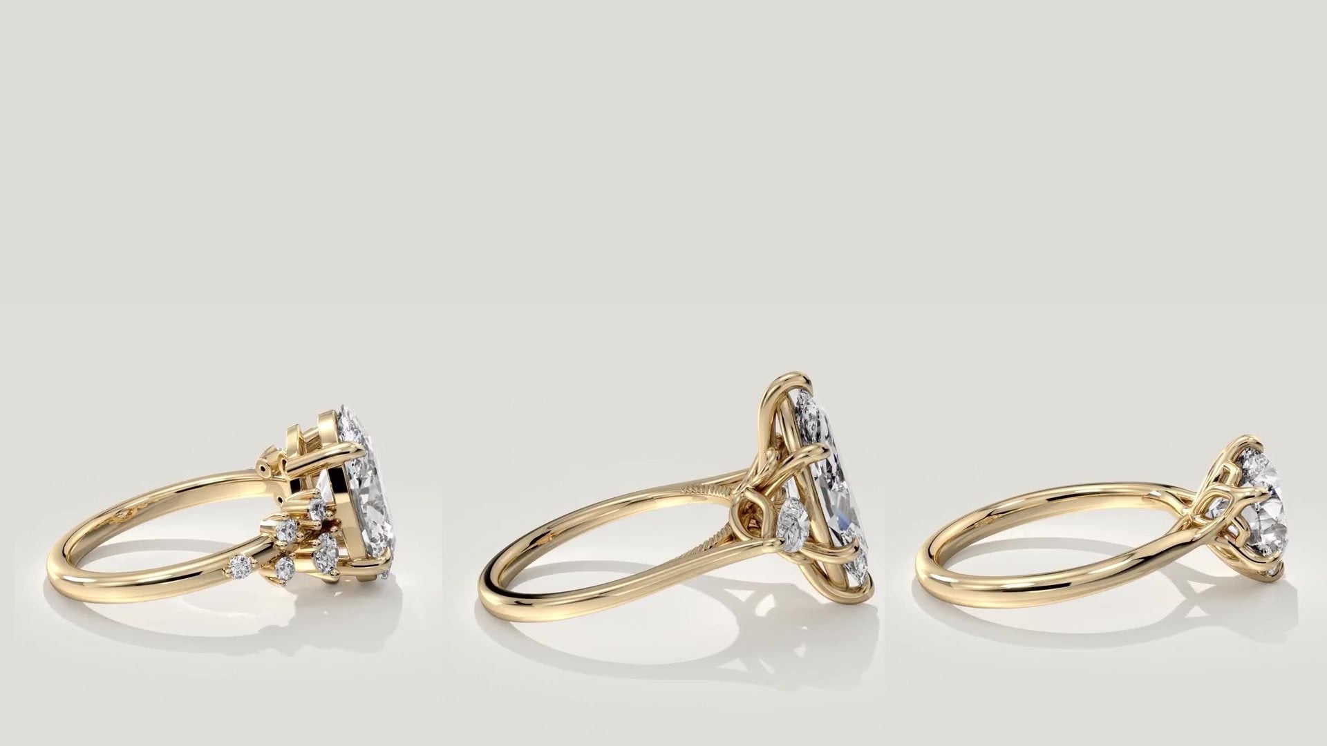 Olivia, Swan and Victoria lab-grown diamond engagement rings in 14kt yellow gold
